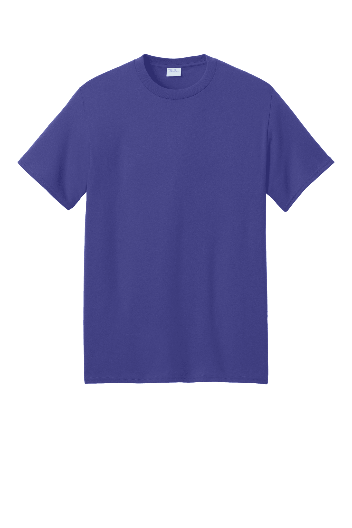 Port & Company eco-friendly purple recycled short sleeve T-shirt displayed in print view with a custom design.
