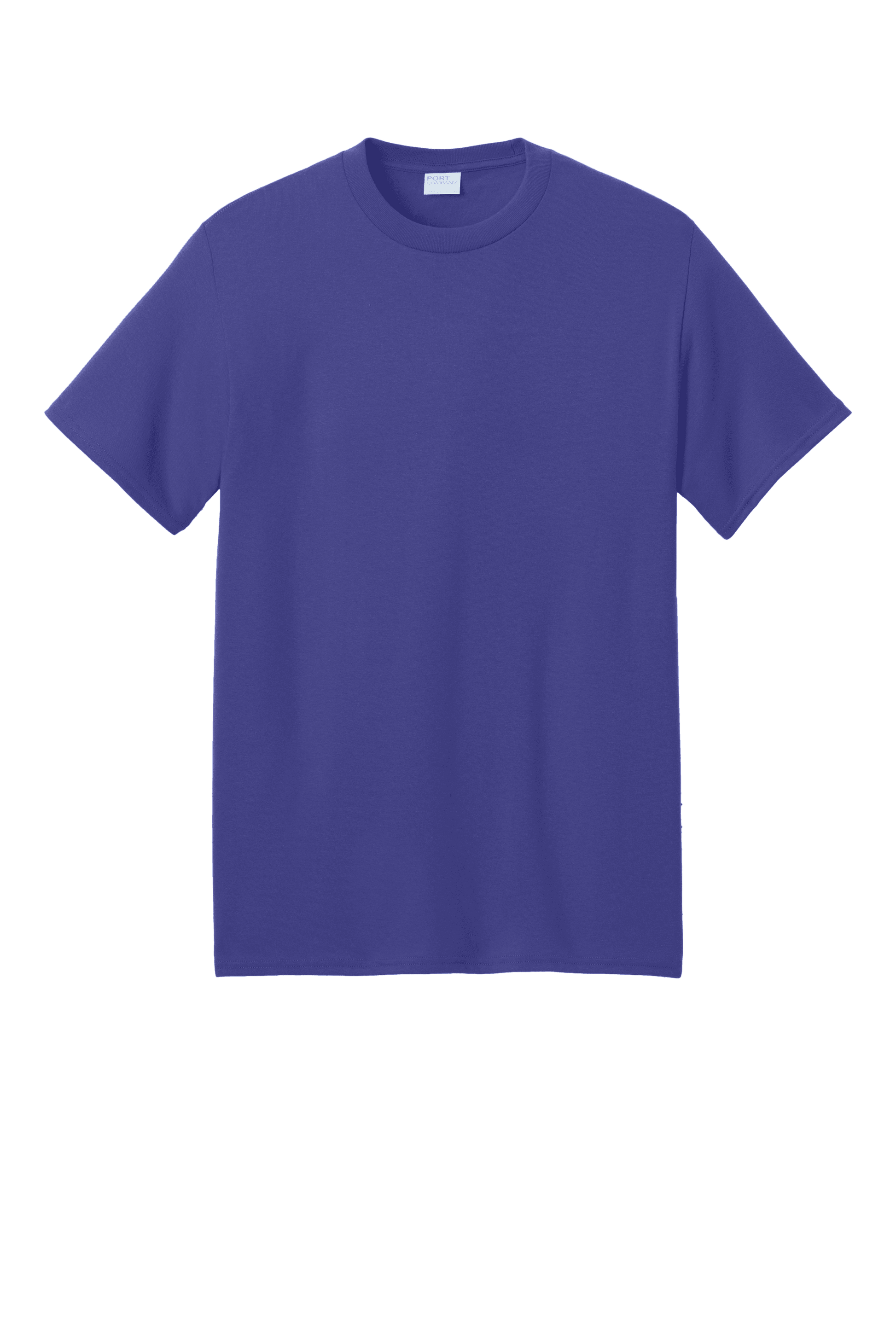Port & Company eco-friendly purple recycled short sleeve T-shirt displayed in print view with a custom design.