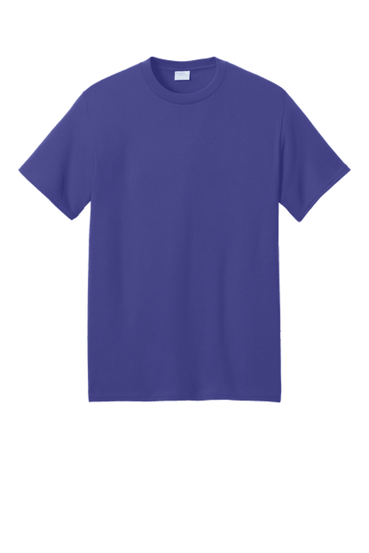Port & Company eco-friendly purple recycled short sleeve T-shirt displayed in print view with a custom design.