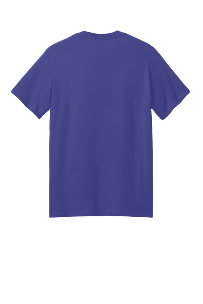 Port & Company® Core Blend recycled short sleeve T-shirt in purple, featuring a custom print on the back.