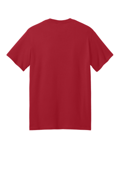 Red Port & Company® Core Blend recycled short sleeve T-shirt with printed design on the back, eco-friendly casual top.