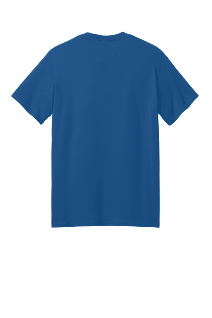 Port & Company® eco-friendly recycled short sleeve T-shirt in royal blue with printed design on back.