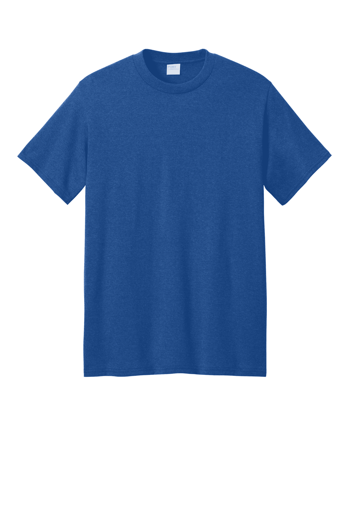 Royal blue Heather Port & Company® Core Blend recycled short sleeve T-shirt with custom print on front.