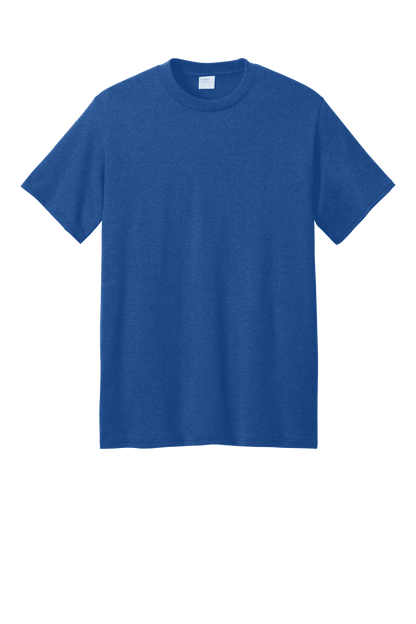 Royal blue Heather Port & Company® Core Blend recycled short sleeve T-shirt with custom print on front.