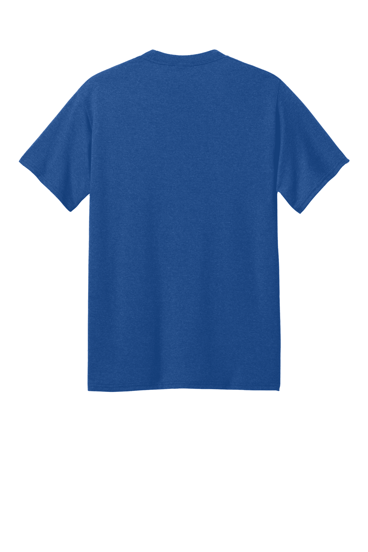 Royal blue Heather Port & Company® Core Blend recycled short sleeve T-shirt with printed back design.