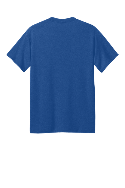 Royal blue Heather Port & Company® Core Blend recycled short sleeve T-shirt with printed back design.