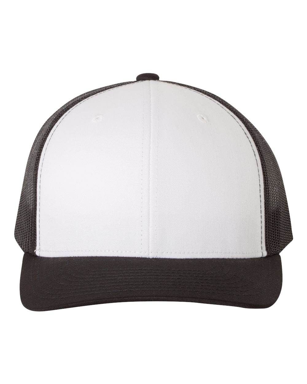 Black and white custom YP Classics® retro trucker cap with embroidered logo, stylish adjustable Yupoong trucker hat for men and women.