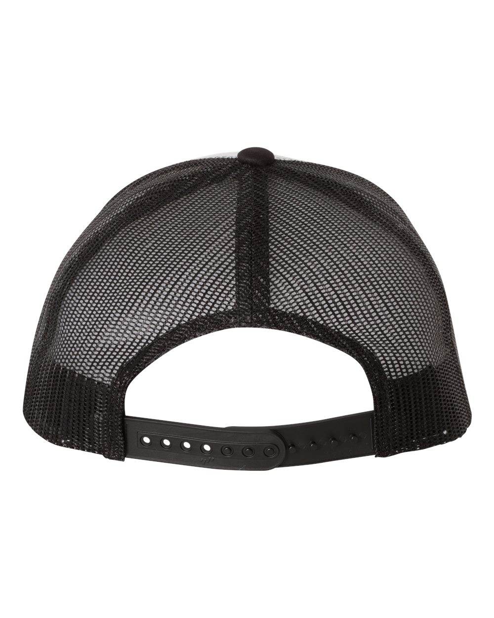 Black and white Yupoong YP Classics retro trucker cap with personalized embroidered logo, adjustable mesh back.