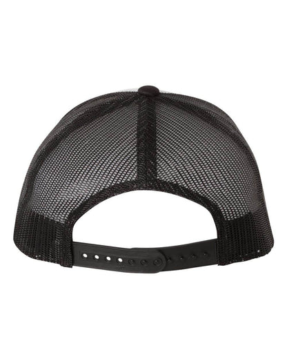 Black and white Yupoong YP Classics retro trucker cap with personalized embroidered logo, adjustable mesh back.