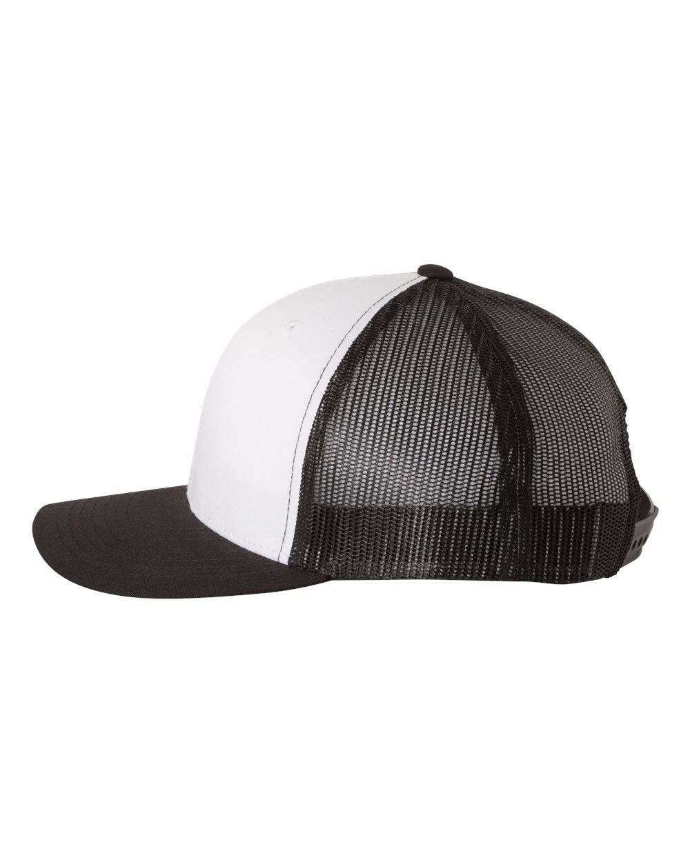 Black and white Yupoong Custom YP Classics retro trucker cap with embroidered logo, featuring structured front and mesh back.
