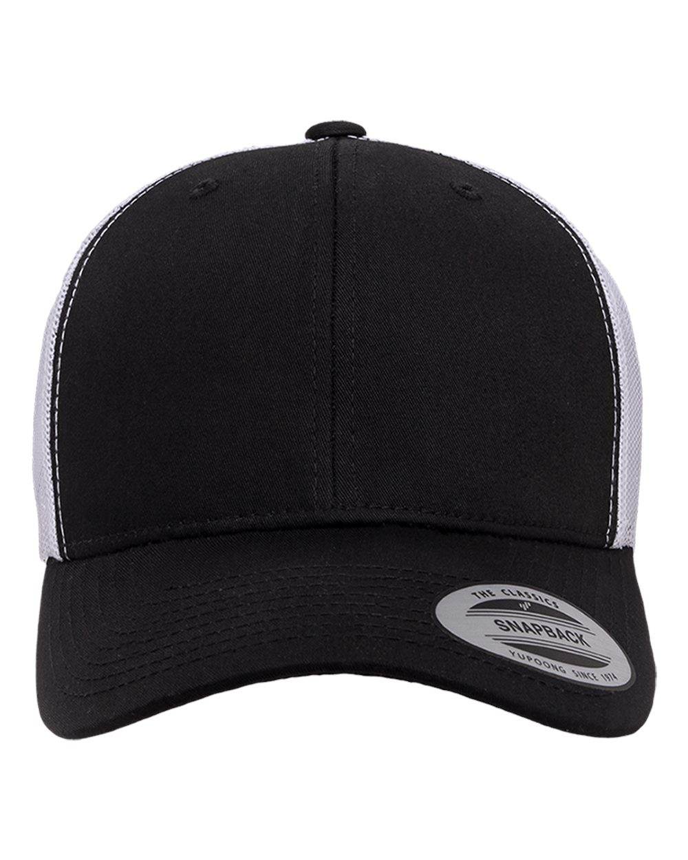 Black and white custom YP Classics retro trucker cap with embroidered logo, showcasing personalized design and breathable mesh panels.