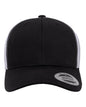 Black and white custom YP Classics retro trucker cap with embroidered logo, showcasing personalized design and breathable mesh panels.