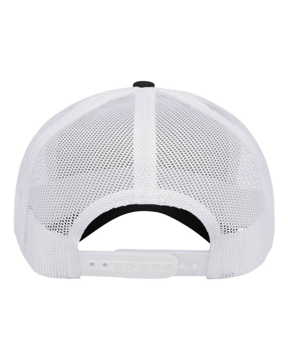 Black and white custom YP Classics retro trucker cap with embroidered logo, adjustable snapback, and breathable mesh panels.