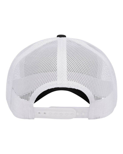 Black and white custom YP Classics retro trucker cap with embroidered logo, adjustable snapback, and breathable mesh panels.