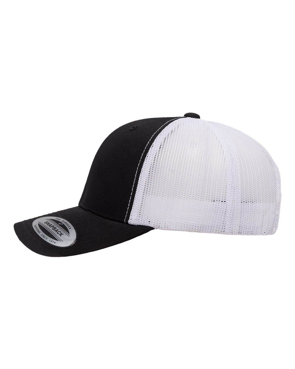 Black and white Yupoong YP Classics retro trucker cap with custom embroidered logo on front, mesh back for ventilation.