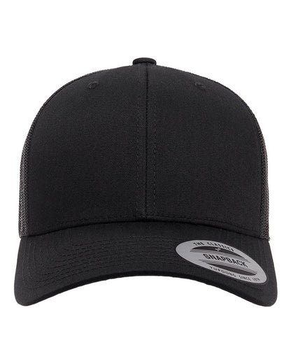 Black Yupoong YP Classics retro trucker cap with personalized embroidered logo, adjustable mesh snapback hat.
