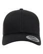 Black Yupoong YP Classics retro trucker cap with personalized embroidered logo, adjustable mesh snapback hat.
