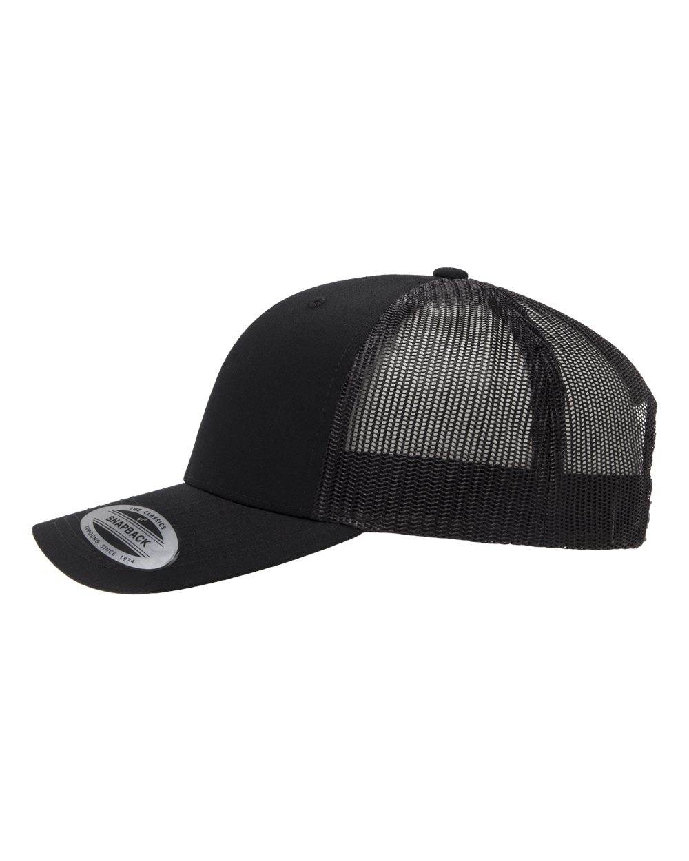 Black Yupoong Custom YP Classics® retro trucker cap with embroidered logo, stylish personalized embroidered hat with mesh back.
