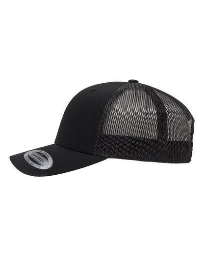 Black Yupoong Custom YP Classics® retro trucker cap with embroidered logo, stylish personalized embroidered hat with mesh back.