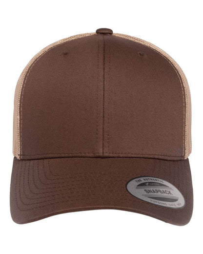 Brown and khaki Yupoong YP Classics® retro trucker cap with personalized embroidered logo, stylish and adjustable mesh hat