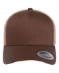 Brown and khaki Yupoong YP Classics® retro trucker cap with personalized embroidered logo, stylish and adjustable mesh hat