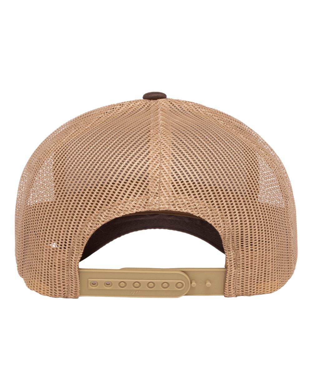 Brown and khaki Yupoong Custom YP Classics retro trucker cap with embroidered logo, featuring a classic mesh back design.