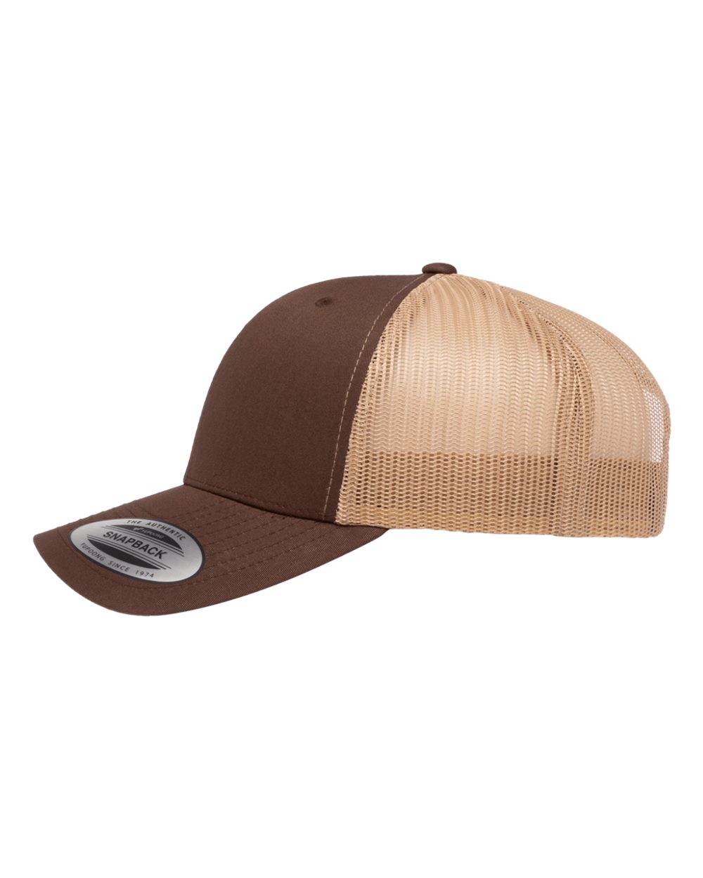 Brown and khaki Yupoong YP Classics retro trucker cap with personalized embroidered logo on the front.