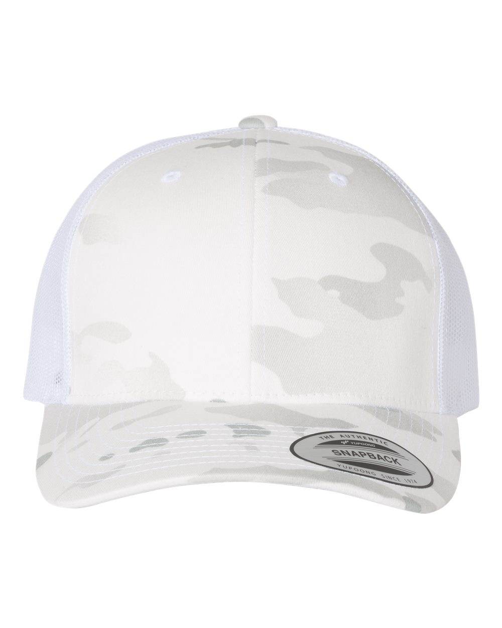 Custom YP Classics retro trucker cap with embroidered logo, featuring camo and alpine white design, by Yupoong.