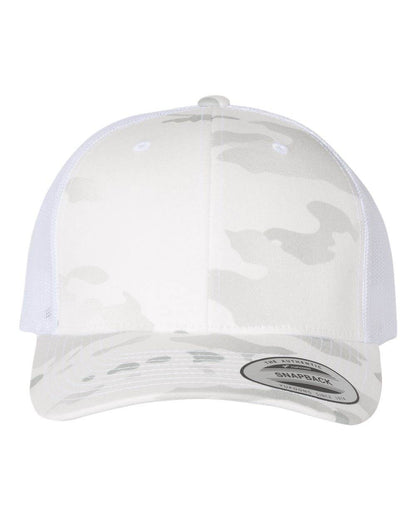 Custom YP Classics retro trucker cap with embroidered logo, featuring camo and alpine white design, by Yupoong.
