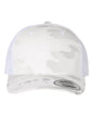 Custom YP Classics retro trucker cap with embroidered logo, featuring camo and alpine white design, by Yupoong.