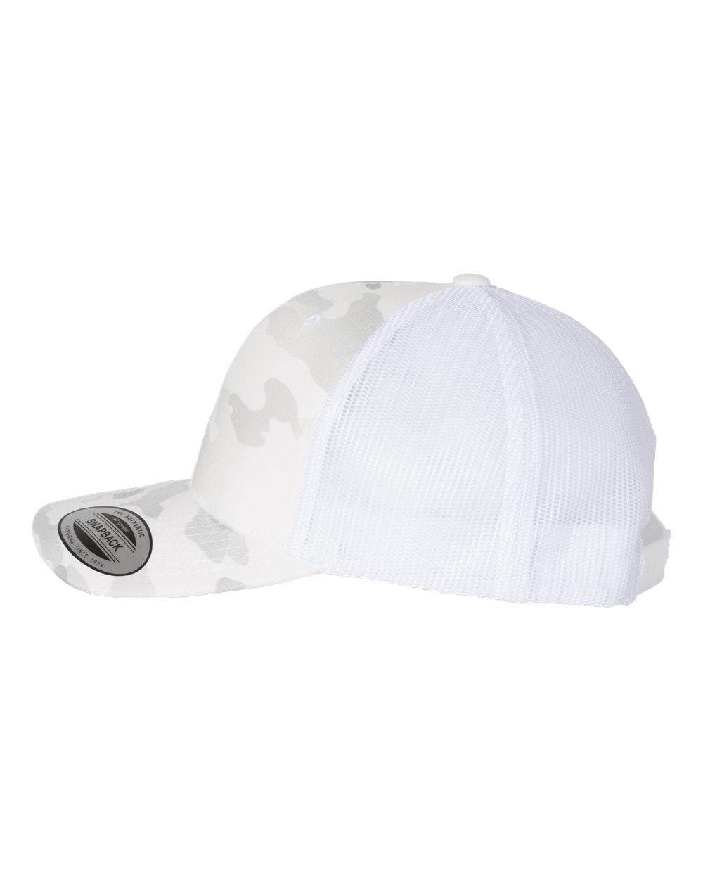 Custom YP Classics® retro trucker cap with embroidered logo, featuring camo and alpine white design from Yupoong.
