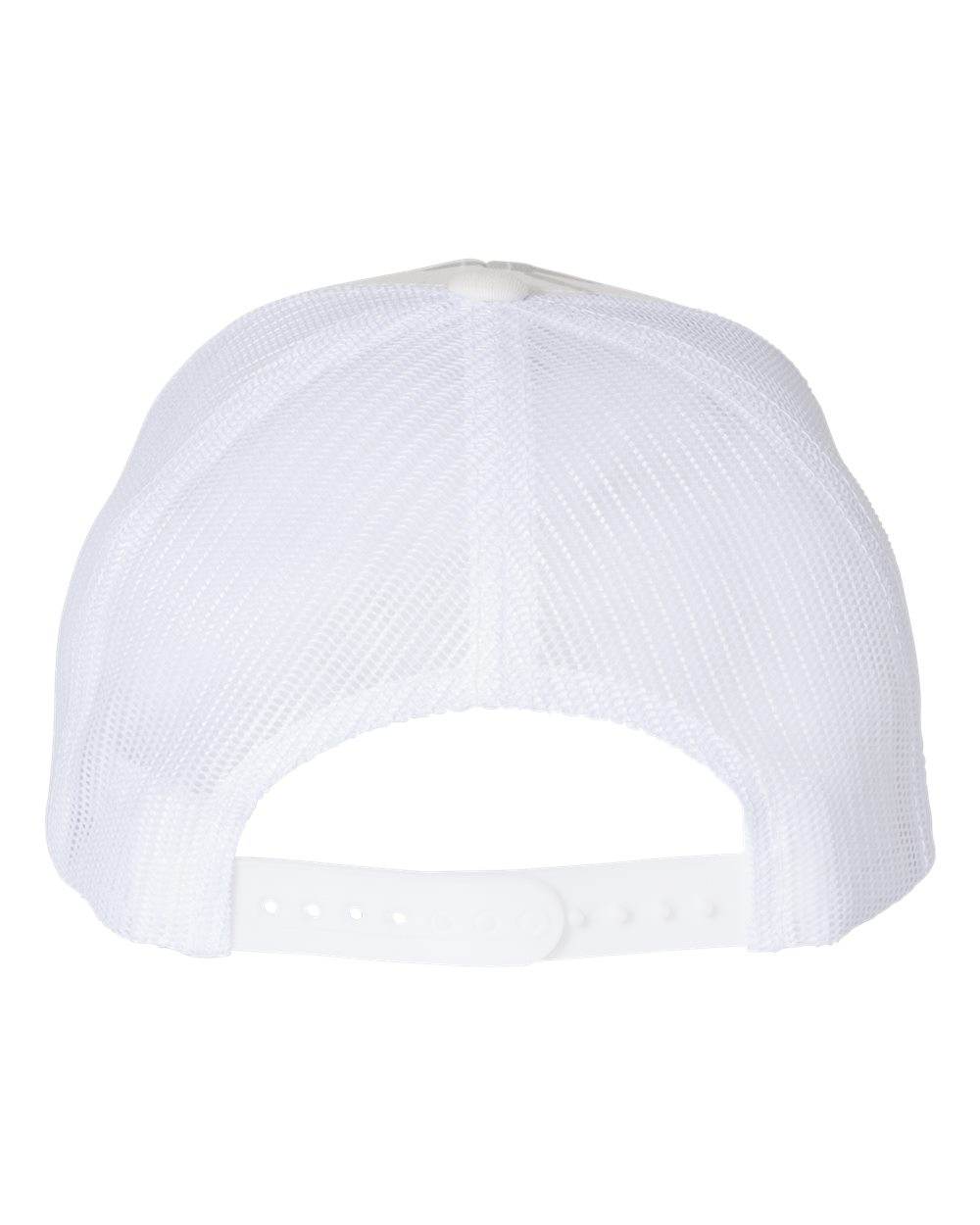 Custom YP Classics retro trucker hat by Yupoong with personalized embroidered logo, camo alpine pattern, white back.