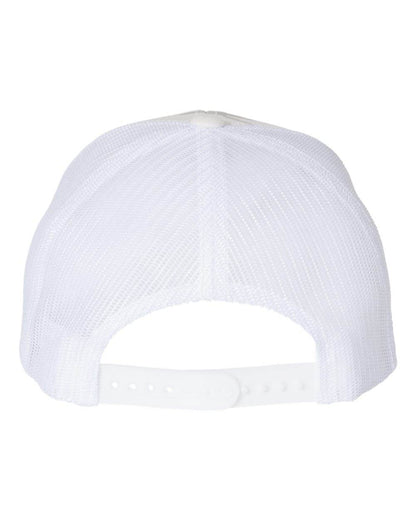Custom YP Classics retro trucker hat by Yupoong with personalized embroidered logo, camo alpine pattern, white back.