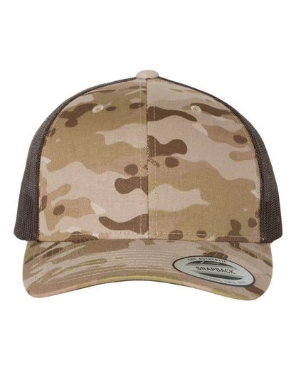 Custom YP Classics® retro trucker cap by Yupoong with embroidered logo in camo arid-brown, adjustable and stylish.