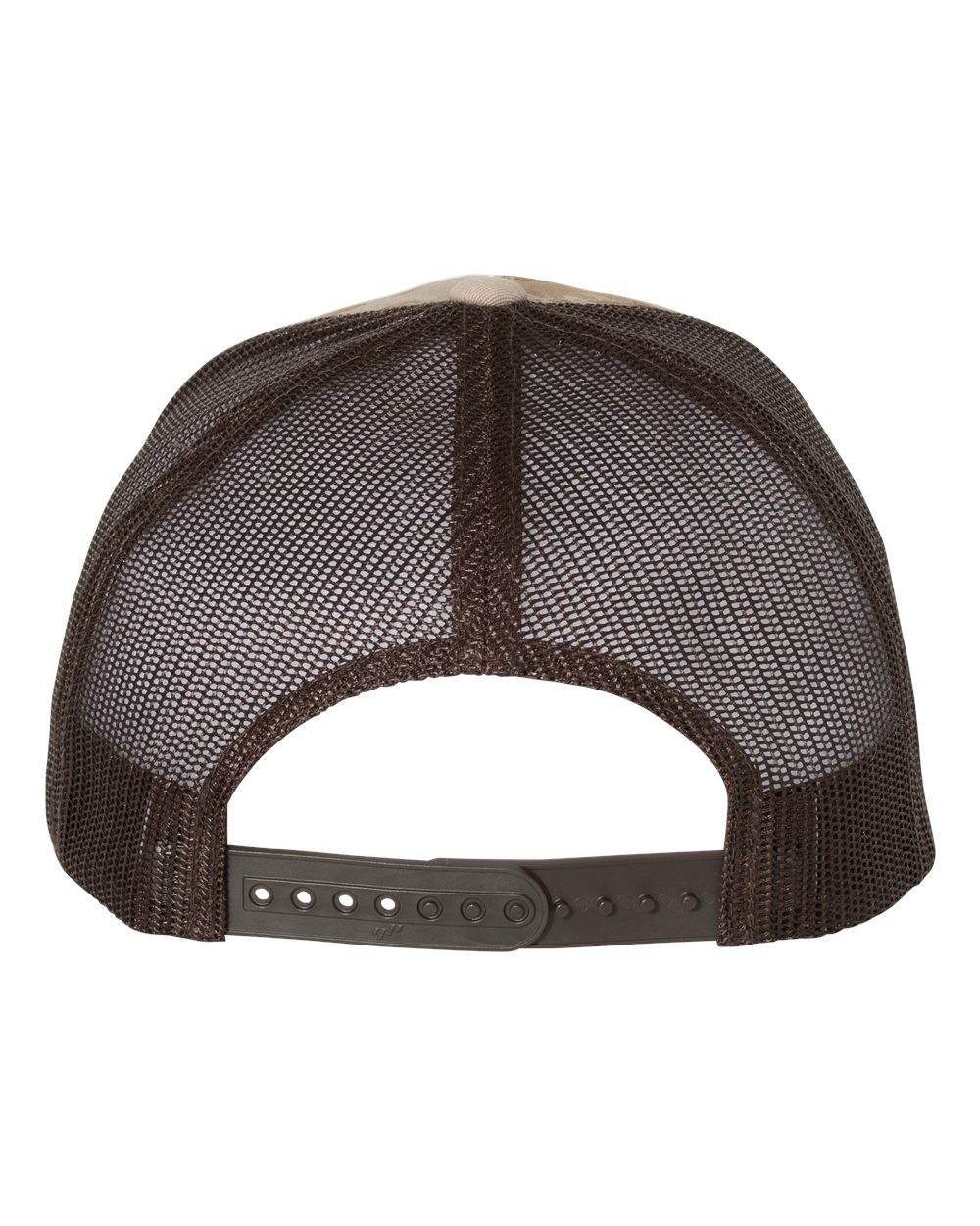 Custom YP Classics retro trucker cap by Yupoong with embroidered logo in camo arid-brown, adjustable mesh back.