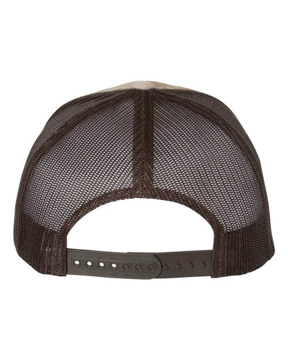 Custom YP Classics retro trucker cap by Yupoong with embroidered logo in camo arid-brown, adjustable mesh back.