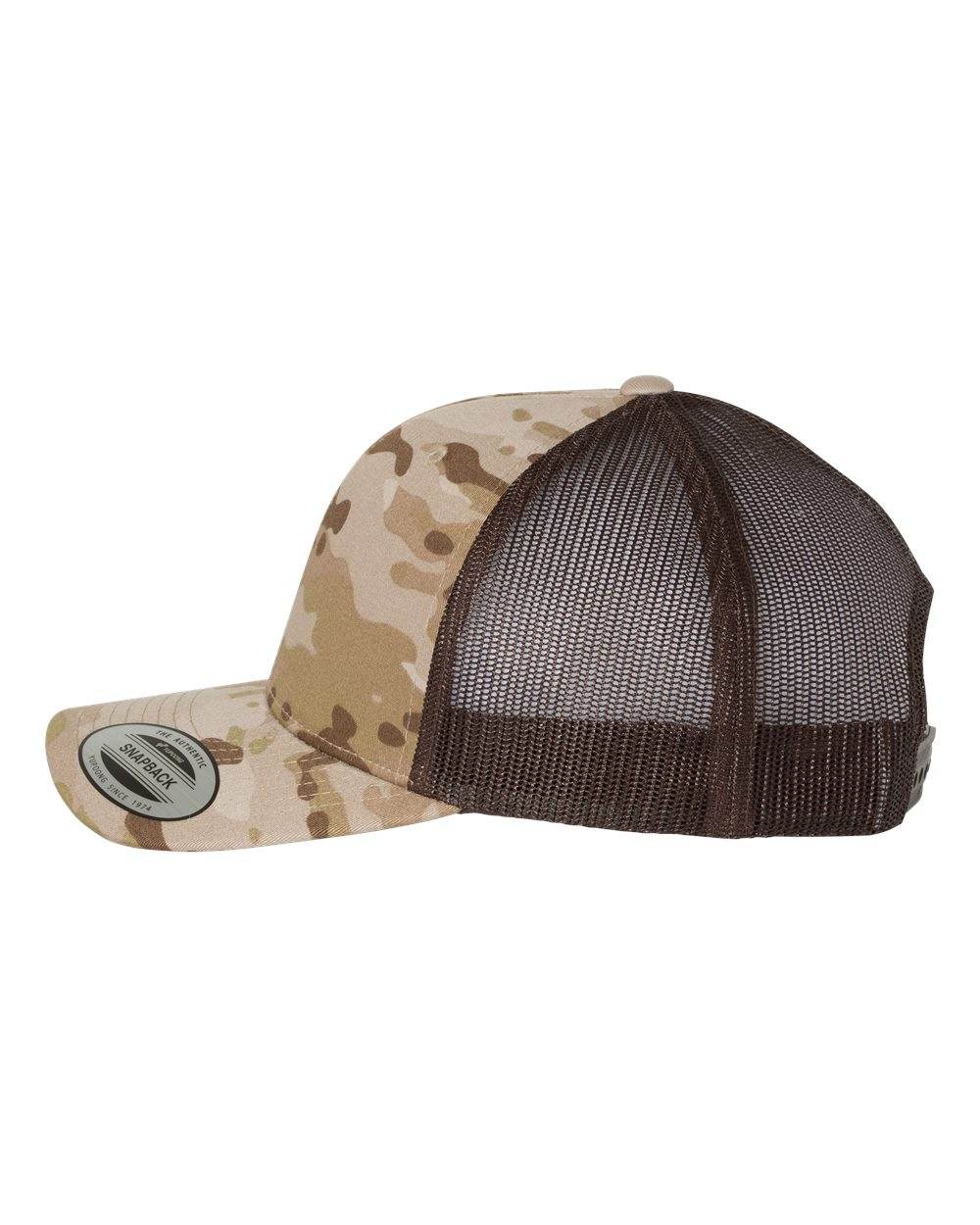 Custom YP Classics retro trucker cap by Yupoong with embroidered logo, camo pattern, and brown side panels.