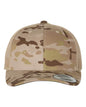 Custom YP Classics retro trucker cap by Yupoong with embroidered logo in camo arid tan, personalized embroidery, adjustable fit.
