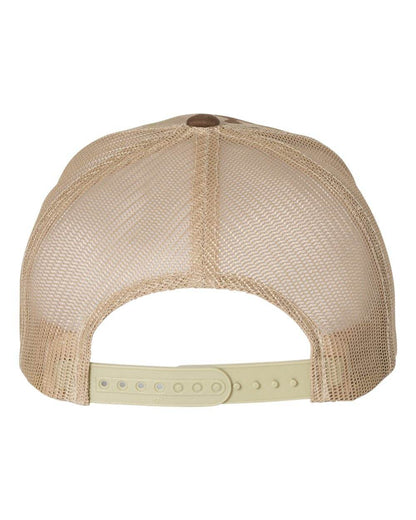 Custom YP Classics retro trucker cap with embroidered logo in camo and tan, made by Yupoong, stylish personalized trucker hat.