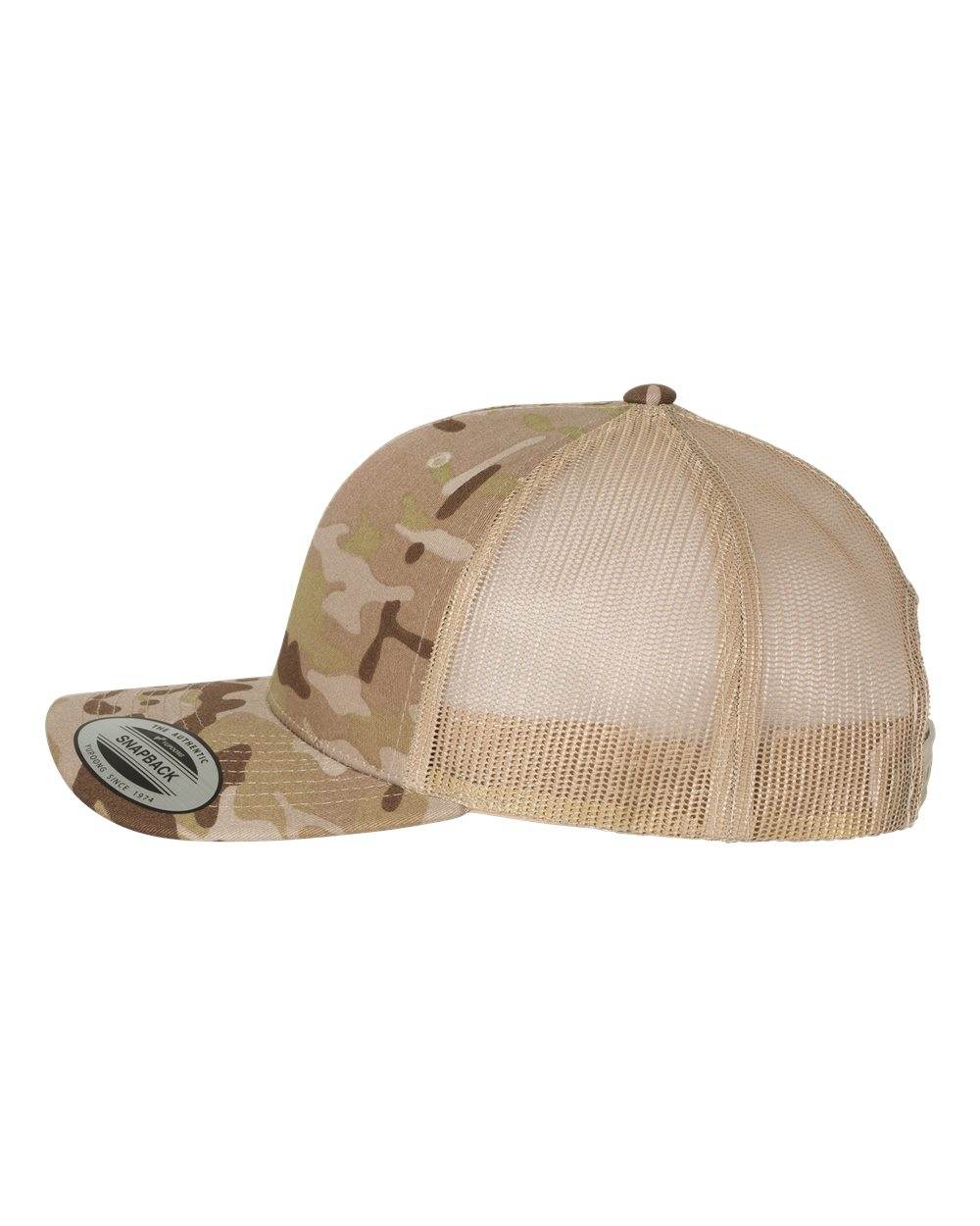 Custom YP Classics retro trucker cap by Yupoong with personalized embroidered logo in camouflage and arid tan colors.