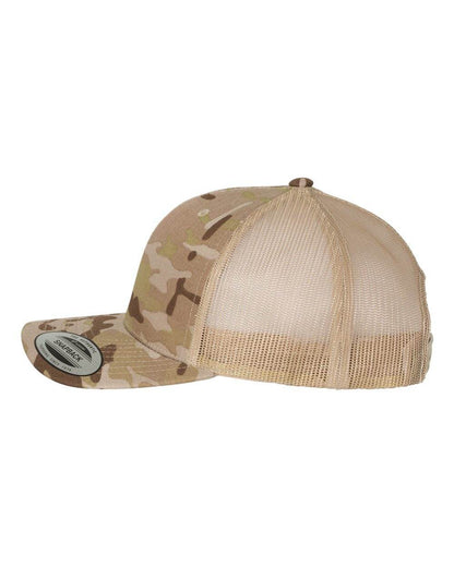 Custom YP Classics retro trucker cap by Yupoong with personalized embroidered logo in camouflage and arid tan colors.