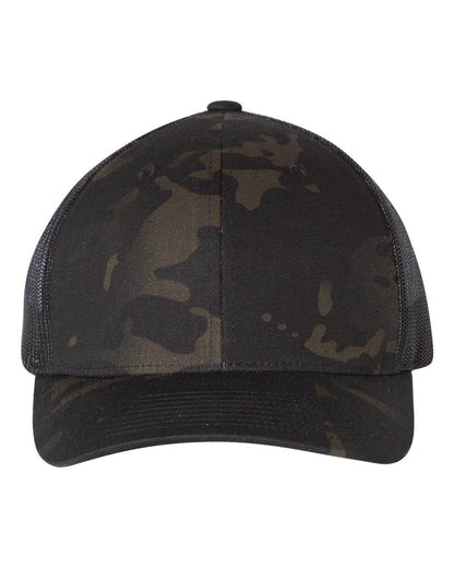 Black and camo Yupoong YP Classics retro trucker cap with personalized embroidered logo, stylish and adjustable.