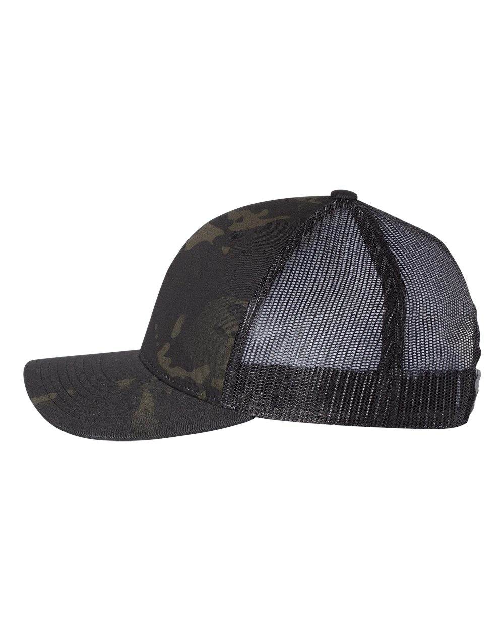 Black Yupoong YP Classics retro trucker cap with custom embroidered logo, camo pattern on the front and mesh back for ventilation.