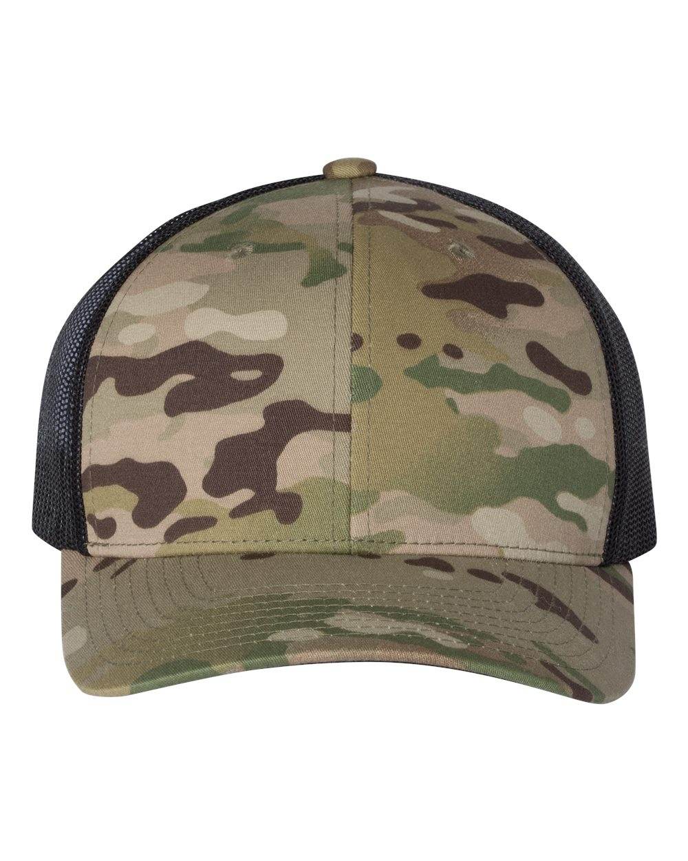 Custom YP Classics retro trucker cap by Yupoong with embroidered logo in green and black camouflage, adjustable snapback style.