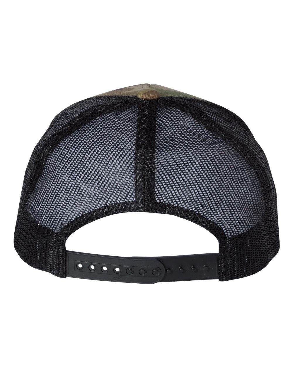 Custom YP Classics retro trucker cap with personalized embroidered logo in camo green and black, made by Yupoong.