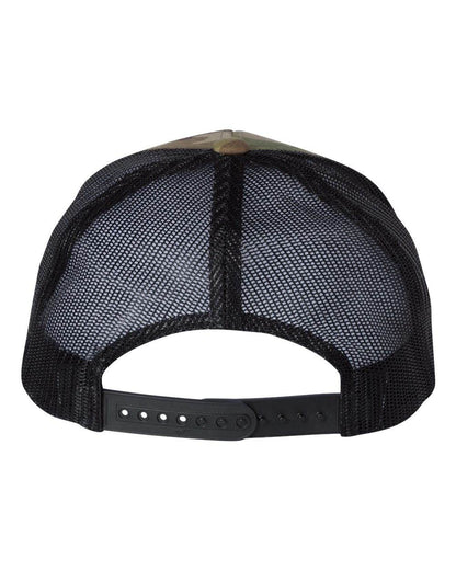 Custom YP Classics retro trucker cap with personalized embroidered logo in camo green and black, made by Yupoong.