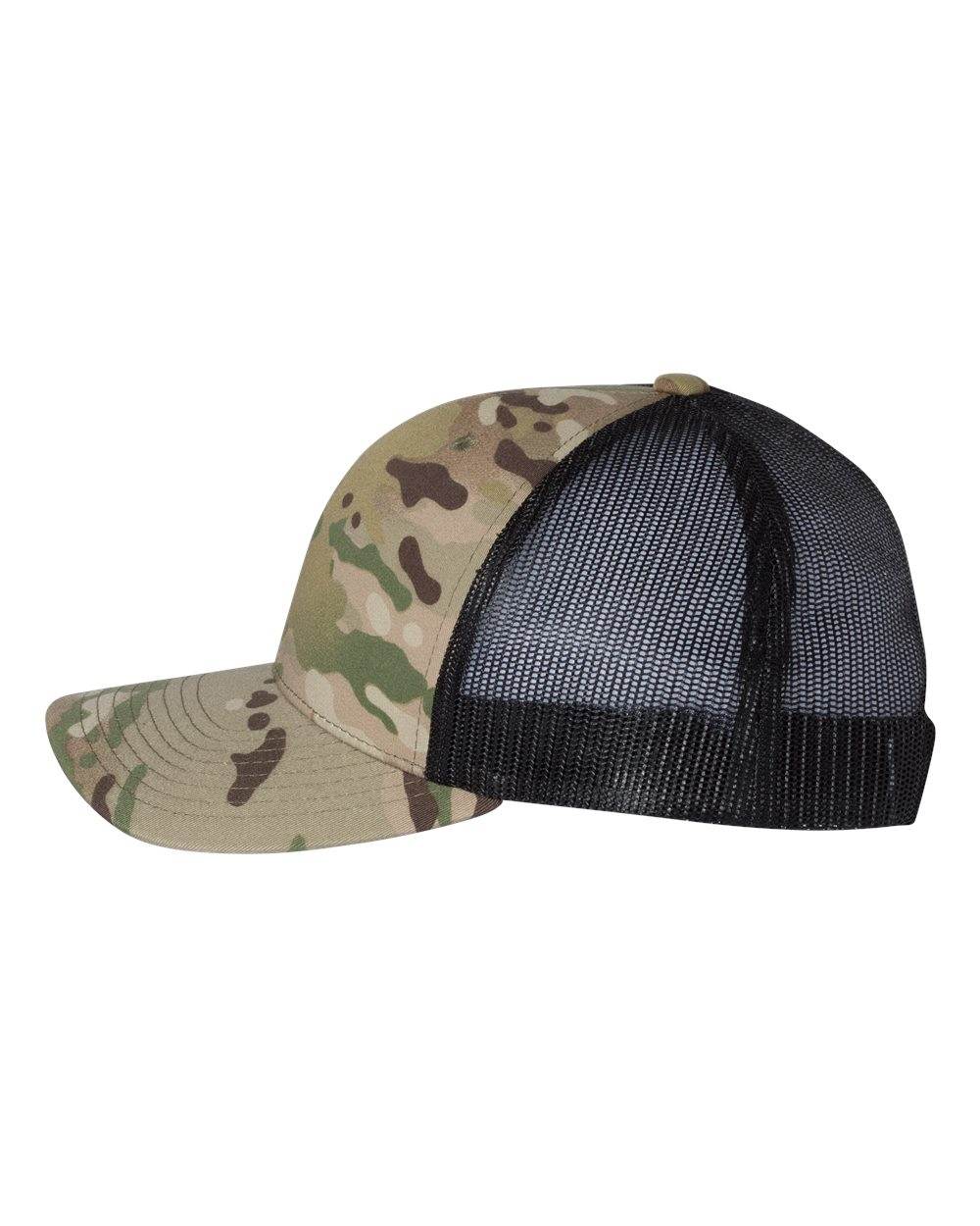 Green and black camo Yupoong YP Classics retro trucker cap with personalized embroidered logo on front.