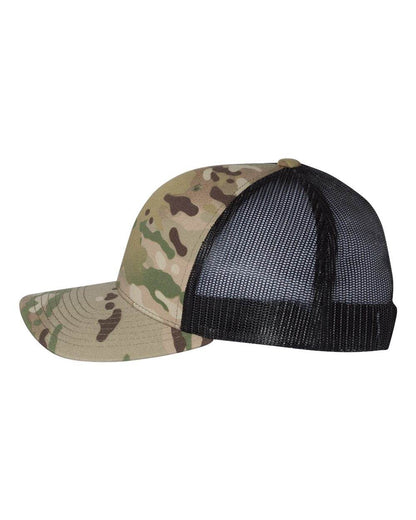 Green and black camo Yupoong YP Classics retro trucker cap with personalized embroidered logo on front.