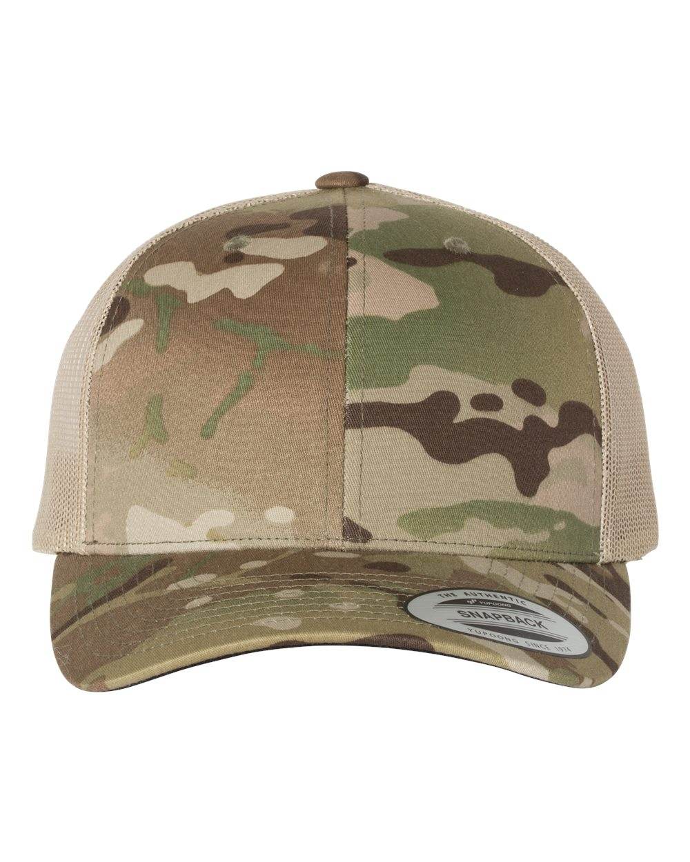 Custom YP Classics retro trucker cap by Yupoong with embroidered logo in camo green and khaki, adjustable mesh back.
