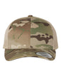 Custom YP Classics retro trucker cap by Yupoong with embroidered logo in camo green and khaki, adjustable mesh back.